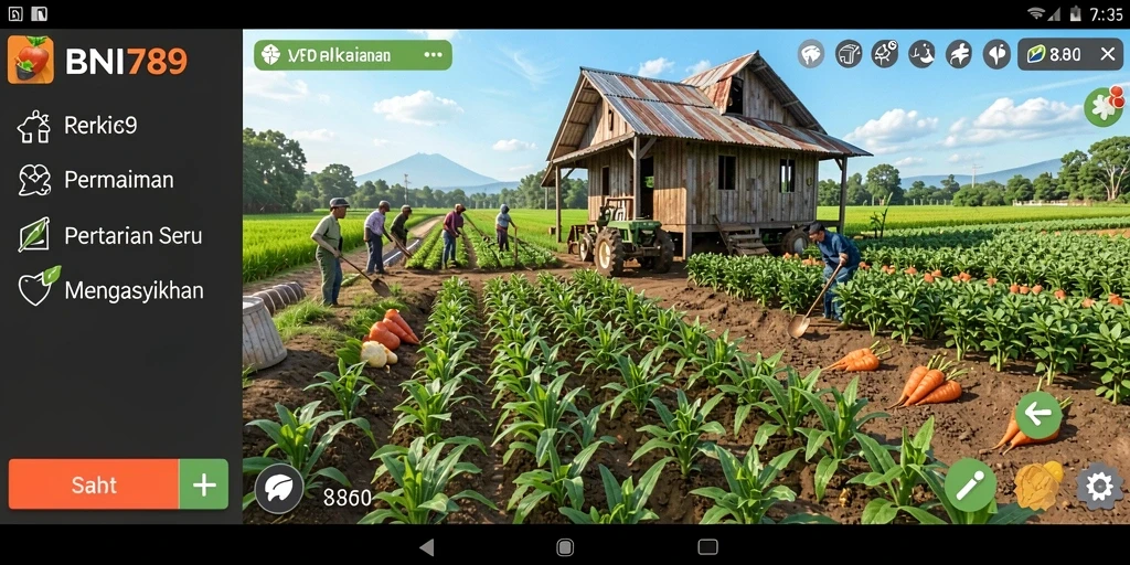 Screenshot gameplay BNI789 menampilkan aktivitas bertani yang seru dan menantang.