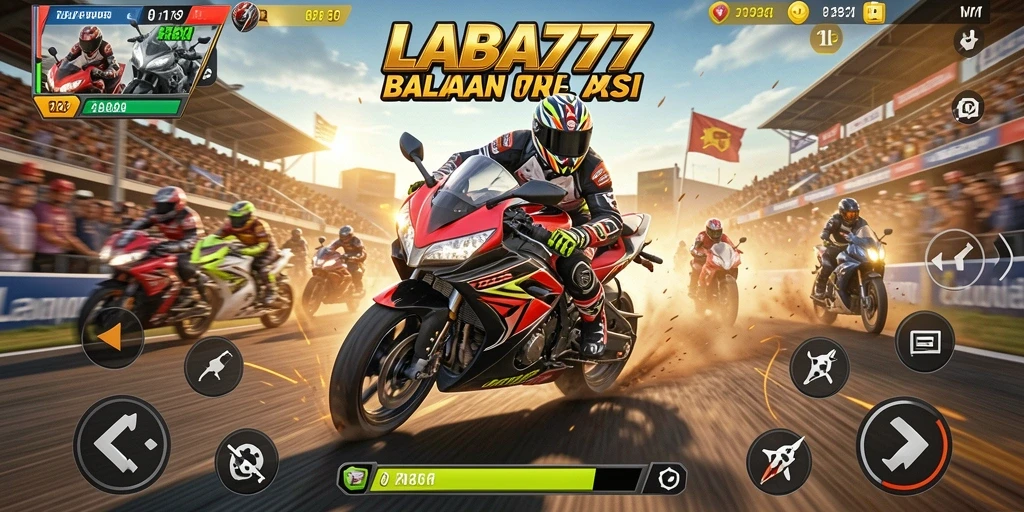 Tampilan gameplay LABA777 dengan aksi balapan motor yang mendebarkan.