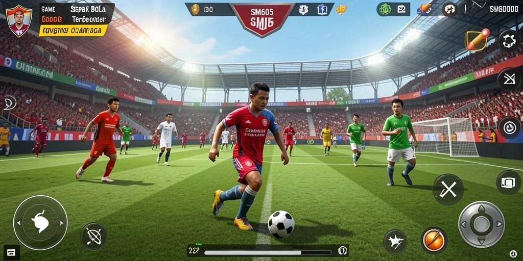 Screenshot gameplay SM605 menampilkan aksi seru di lapangan sepak bola.