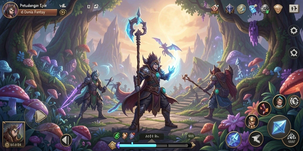 Screenshot gameplay V07 menampilkan pertarungan epik di dunia fantasi.