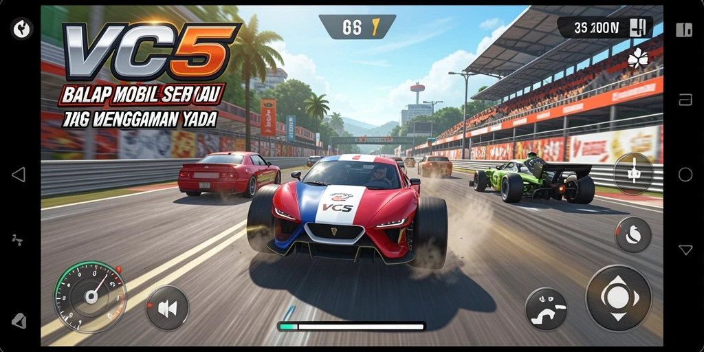 Screenshot gameplay VC5 yang menampilkan momen balap seru.